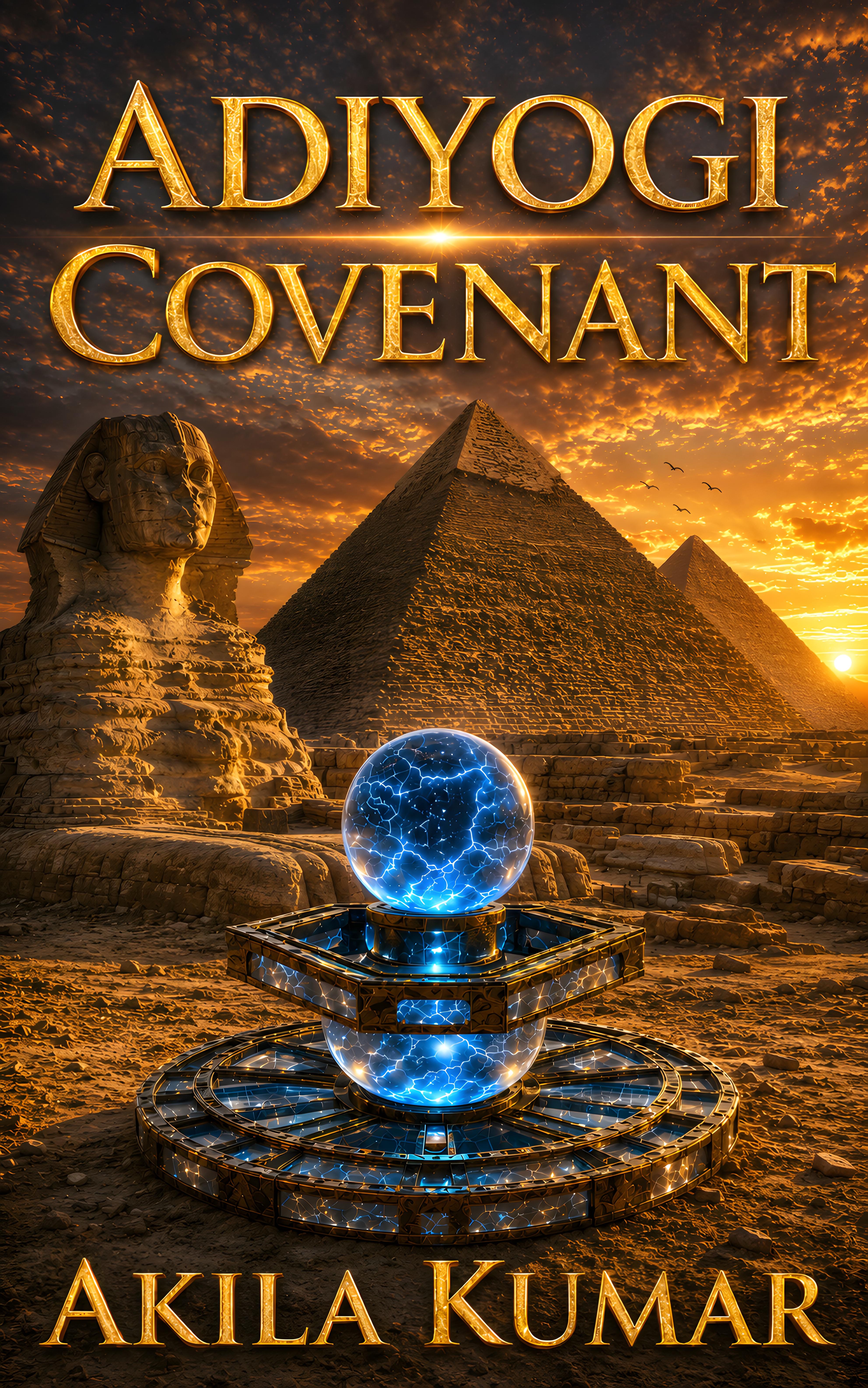 Adiyogi Covenant front cover — Sphinx, pyramids, and a glowing energy sphere at sunset
