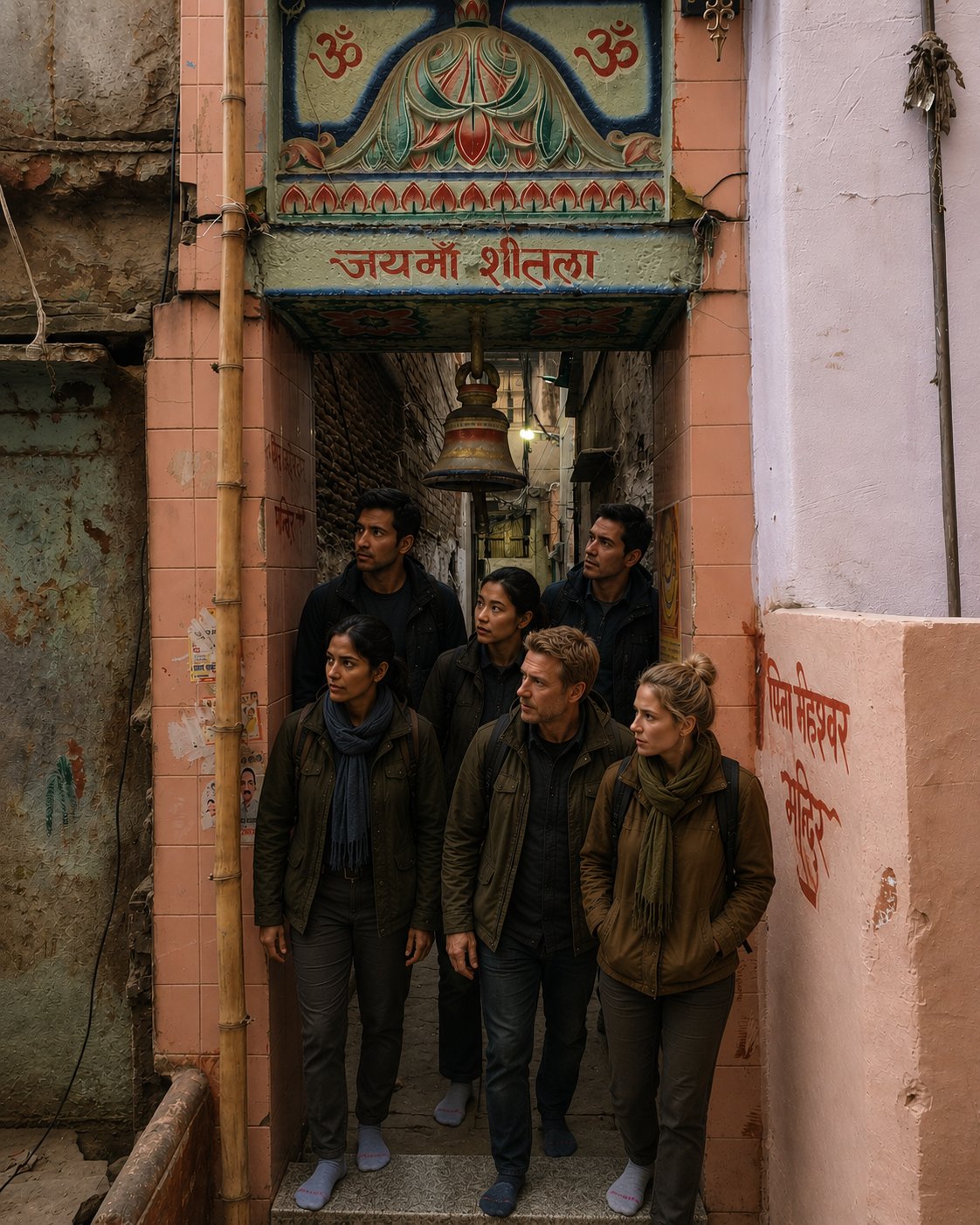 The team navigates ancient Varanasi alleyways